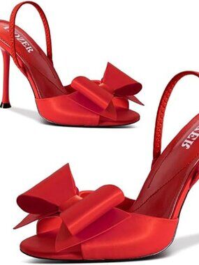 Women's Red Comfortable Open Toe Mules Bow Stiletto Sexy Slingback High Heels